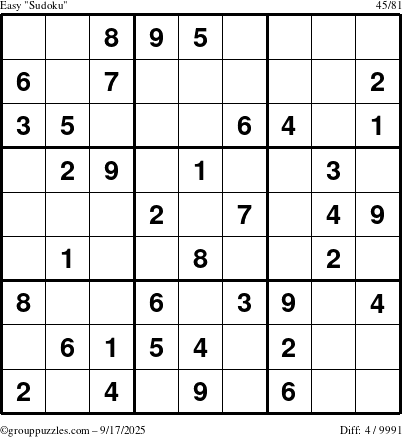 The grouppuzzles.com Easy Sudoku puzzle for Wednesday September 17, 2025