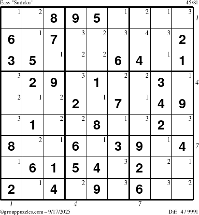 The grouppuzzles.com Easy Sudoku puzzle for Wednesday September 17, 2025, suitable for printing, with all 4 steps marked