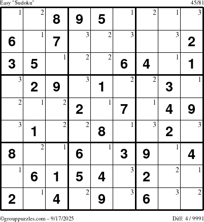 The grouppuzzles.com Easy Sudoku puzzle for Wednesday September 17, 2025 with the first 3 steps marked