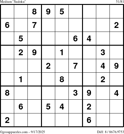 The grouppuzzles.com Medium Sudoku puzzle for Wednesday September 17, 2025