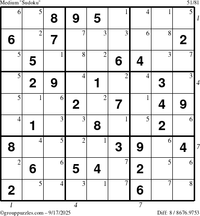 The grouppuzzles.com Medium Sudoku puzzle for Wednesday September 17, 2025 with all 8 steps marked