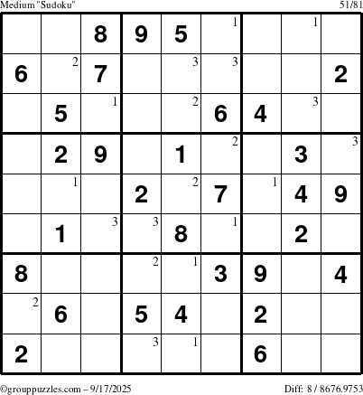 The grouppuzzles.com Medium Sudoku puzzle for Wednesday September 17, 2025 with the first 3 steps marked