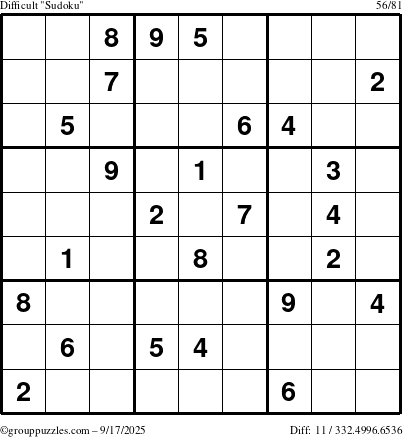 The grouppuzzles.com Difficult Sudoku puzzle for Wednesday September 17, 2025