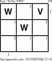 The grouppuzzles.com Easy TicTac-VWX puzzle for Wednesday September 17, 2025 with all 2 steps marked