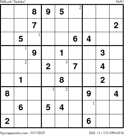 The grouppuzzles.com Difficult Sudoku puzzle for Wednesday September 17, 2025 with the first 3 steps marked