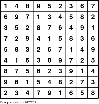 The grouppuzzles.com Answer grid for the Sudoku puzzle for Wednesday September 17, 2025