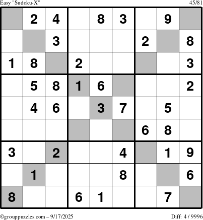 The grouppuzzles.com Easy Sudoku-X puzzle for Wednesday September 17, 2025