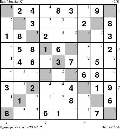 The grouppuzzles.com Easy Sudoku-X puzzle for Wednesday September 17, 2025, suitable for printing, with all 4 steps marked