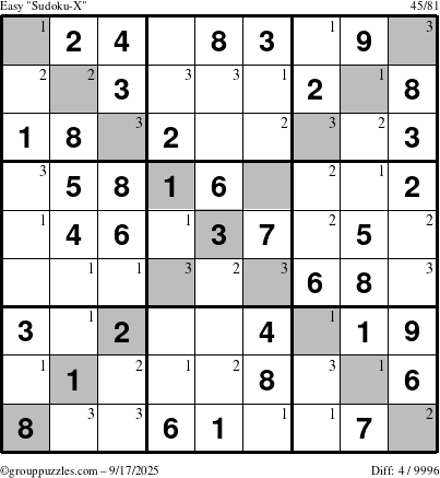 The grouppuzzles.com Easy Sudoku-X puzzle for Wednesday September 17, 2025 with the first 3 steps marked