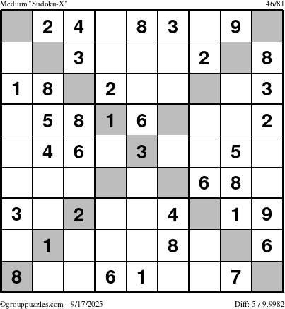 The grouppuzzles.com Medium Sudoku-X puzzle for Wednesday September 17, 2025