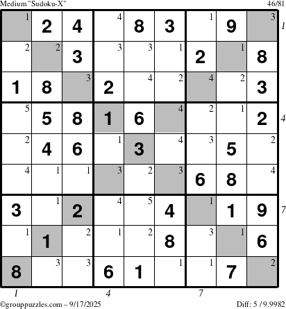 The grouppuzzles.com Medium Sudoku-X puzzle for Wednesday September 17, 2025 with all 5 steps marked
