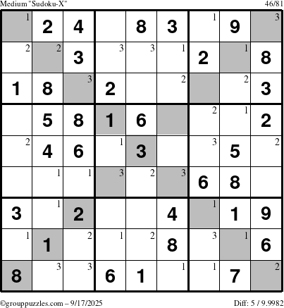The grouppuzzles.com Medium Sudoku-X puzzle for Wednesday September 17, 2025 with the first 3 steps marked