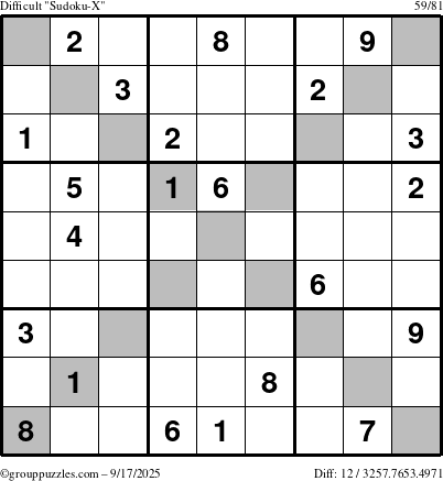 The grouppuzzles.com Difficult Sudoku-X puzzle for Wednesday September 17, 2025