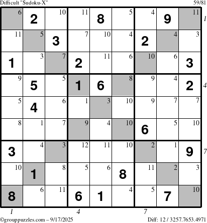 The grouppuzzles.com Difficult Sudoku-X puzzle for Wednesday September 17, 2025 with all 12 steps marked