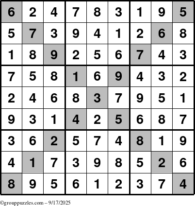 The grouppuzzles.com Answer grid for the Sudoku-X puzzle for Wednesday September 17, 2025