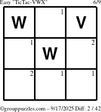 The grouppuzzles.com Easy TicTac-VWX puzzle for Wednesday September 17, 2025 with the first 2 steps marked