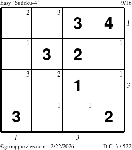 The grouppuzzles.com Easy Sudoku-4 puzzle for Sunday February 22, 2026, suitable for printing, with all 3 steps marked
