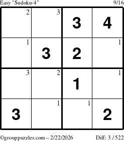 The grouppuzzles.com Easy Sudoku-4 puzzle for Sunday February 22, 2026 with the first 3 steps marked