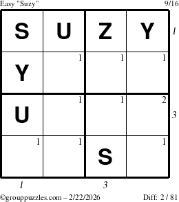 The grouppuzzles.com Easy Suzy puzzle for Sunday February 22, 2026, suitable for printing, with all 2 steps marked