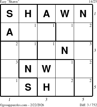 The grouppuzzles.com Easy Shawn puzzle for Sunday February 22, 2026 with all 3 steps marked