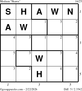 The grouppuzzles.com Medium Shawn puzzle for Sunday February 22, 2026 with all 5 steps marked