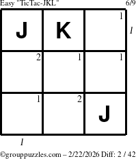The grouppuzzles.com Easy TicTac-JKL puzzle for Sunday February 22, 2026, suitable for printing, with all 2 steps marked