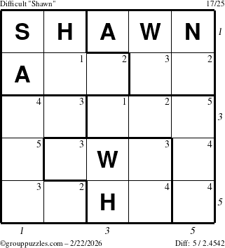 The grouppuzzles.com Difficult Shawn puzzle for Sunday February 22, 2026, suitable for printing, with all 5 steps marked