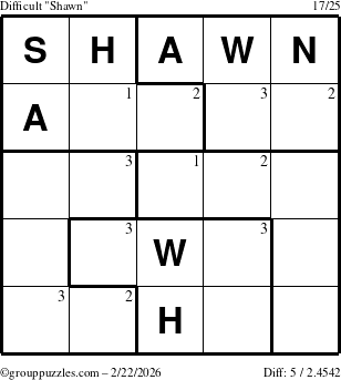 The grouppuzzles.com Difficult Shawn puzzle for Sunday February 22, 2026 with the first 3 steps marked