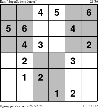 The grouppuzzles.com Easy SuperSudoku-Junior puzzle for Sunday February 22, 2026