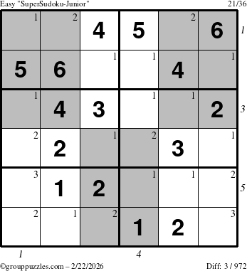 The grouppuzzles.com Easy SuperSudoku-Junior puzzle for Sunday February 22, 2026, suitable for printing, with all 3 steps marked