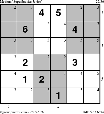 The grouppuzzles.com Medium SuperSudoku-Junior puzzle for Sunday February 22, 2026 with all 5 steps marked