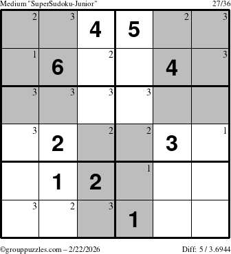 The grouppuzzles.com Medium SuperSudoku-Junior puzzle for Sunday February 22, 2026 with the first 3 steps marked