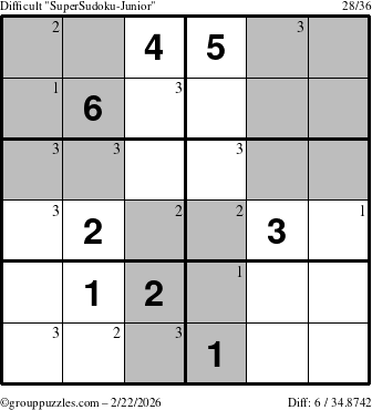 The grouppuzzles.com Difficult SuperSudoku-Junior puzzle for Sunday February 22, 2026 with the first 3 steps marked