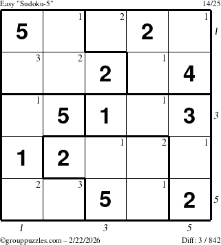 The grouppuzzles.com Easy Sudoku-5 puzzle for Sunday February 22, 2026, suitable for printing, with all 3 steps marked