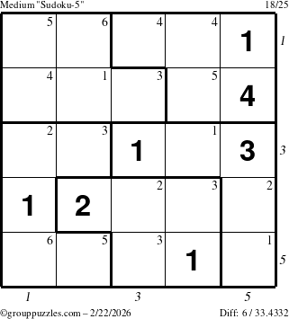 The grouppuzzles.com Medium Sudoku-5 puzzle for Sunday February 22, 2026, suitable for printing, with all 6 steps marked