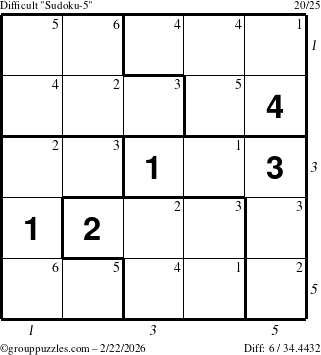 The grouppuzzles.com Difficult Sudoku-5 puzzle for Sunday February 22, 2026 with all 6 steps marked