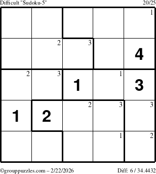 The grouppuzzles.com Difficult Sudoku-5 puzzle for Sunday February 22, 2026 with the first 3 steps marked