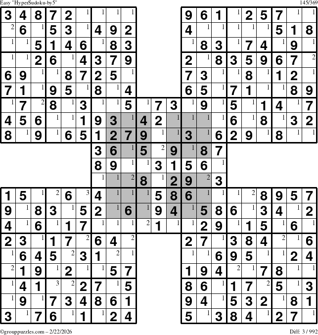The grouppuzzles.com Easy HyperSudoku-by5 puzzle for Sunday February 22, 2026 with the first 3 steps marked