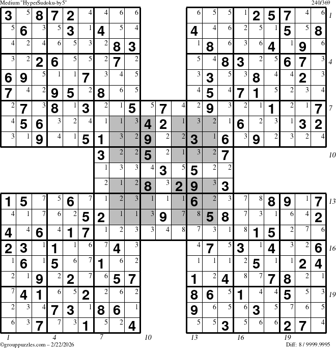 The grouppuzzles.com Medium HyperSudoku-by5 puzzle for Sunday February 22, 2026, suitable for printing, with all 8 steps marked
