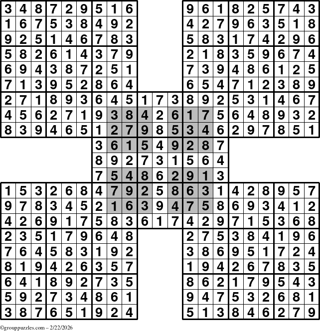 The grouppuzzles.com Answer grid for the HyperSudoku-by5 puzzle for Sunday February 22, 2026