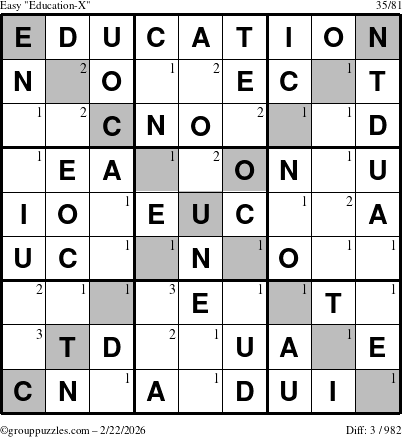 The grouppuzzles.com Easy Education-X puzzle for Sunday February 22, 2026 with the first 3 steps marked