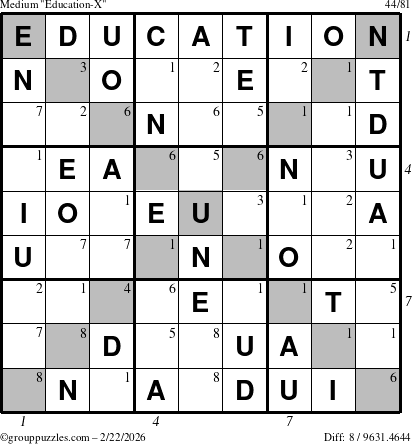 The grouppuzzles.com Medium Education-X puzzle for Sunday February 22, 2026, suitable for printing, with all 8 steps marked