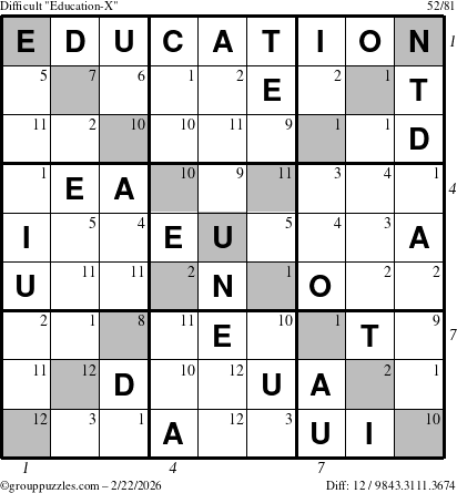The grouppuzzles.com Difficult Education-X puzzle for Sunday February 22, 2026 with all 12 steps marked