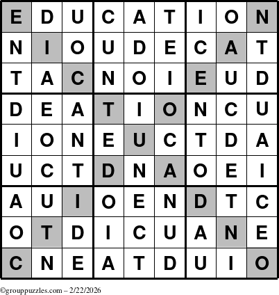 The grouppuzzles.com Answer grid for the Education-X puzzle for Sunday February 22, 2026