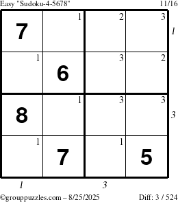 The grouppuzzles.com Easy Sudoku-4-5678 puzzle for Monday August 25, 2025 with all 3 steps marked