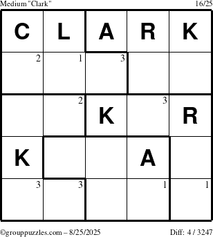 The grouppuzzles.com Medium Clark puzzle for Monday August 25, 2025 with the first 3 steps marked