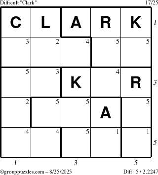 The grouppuzzles.com Difficult Clark puzzle for Monday August 25, 2025 with all 5 steps marked
