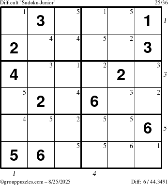 The grouppuzzles.com Difficult Sudoku-Junior puzzle for Monday August 25, 2025 with all 6 steps marked