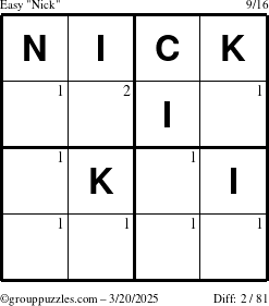 The grouppuzzles.com Easy Nick puzzle for Thursday March 20, 2025 with the first 2 steps marked