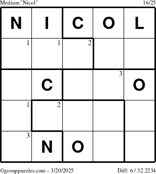 The grouppuzzles.com Medium Nicol puzzle for Thursday March 20, 2025 with the first 3 steps marked